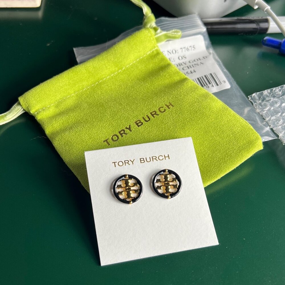 NEW!!!  Tory Burch Black Enamel and Gold Logo Stud Earrings